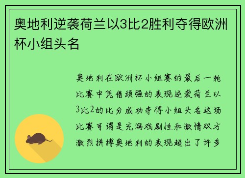 奥地利逆袭荷兰以3比2胜利夺得欧洲杯小组头名 奥地利逆袭荷兰以3比2胜利夺得欧洲杯小组头名